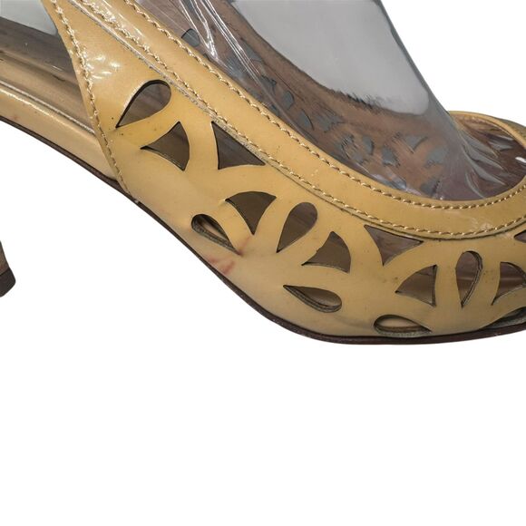 Kate Spade Heels Sandals Women 7B Jacey Shoes Nude Brown Patent Laser Slingback - Picture 15 of 16